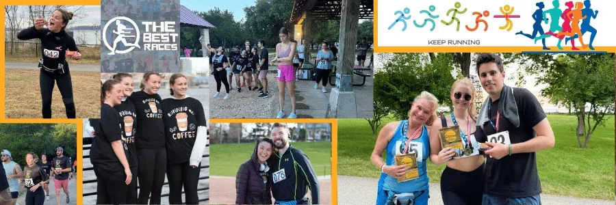 Collage of photos from a race, featuring runners celebrating, posing with medals, and at the start line.