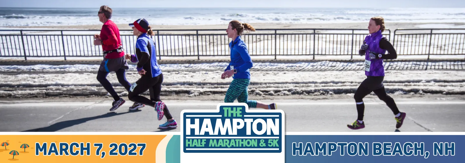 Runners participating in the Hampton Half Marathon & 5K on March 7, 2027, with the ocean and beach in the background.