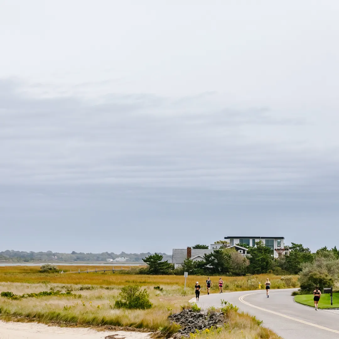 Runners on a road with marshland and houses in the background.