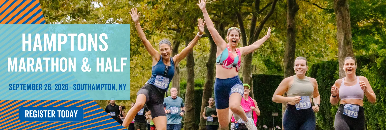Runners celebrating at the Hamptons Marathon & Half, with text overlay announcing the event details and a 'Register Today' button.