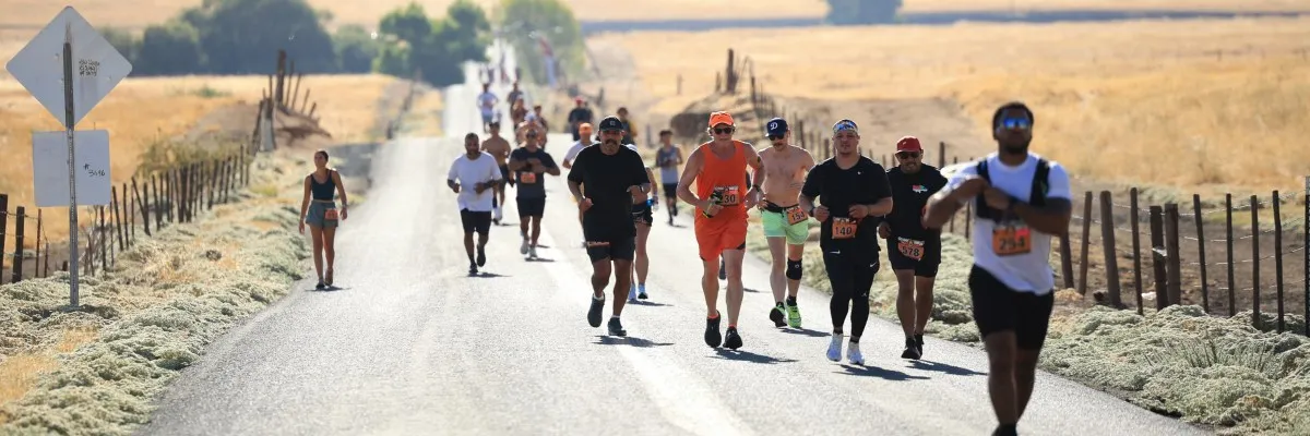 Runners on a paved road with dry fields on either side, under a bright sun.