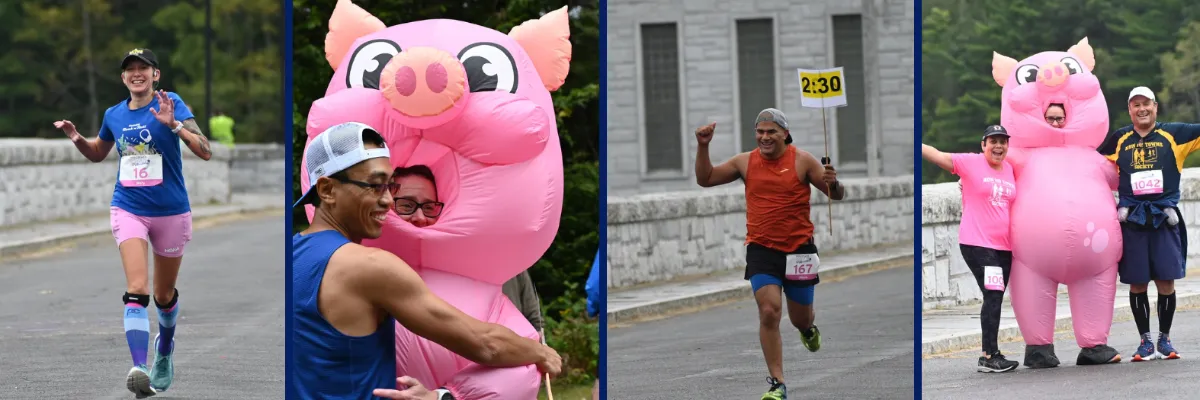 Collage of runners at the Hogsback Half Marathon, including a woman running, people in a pig costume, and a runner holding a 2:30 sign.