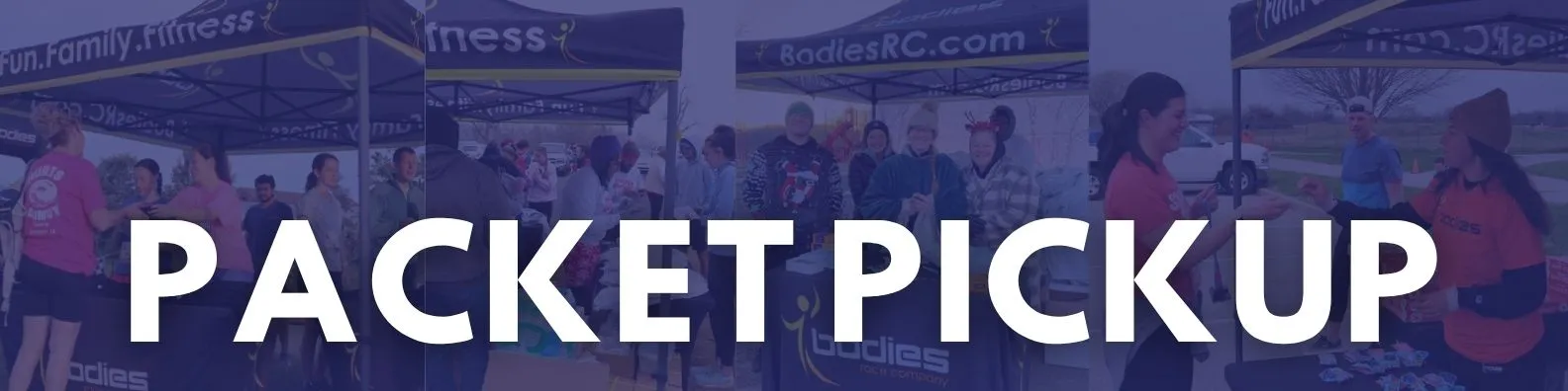 People at a packet pickup tent for a race, with the words PACKET PICKUP overlaid in large white text.