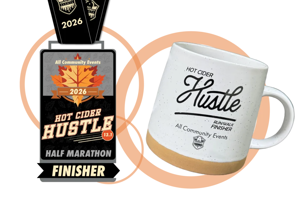 Hot Cider Hustle Half Marathon finisher medal and mug