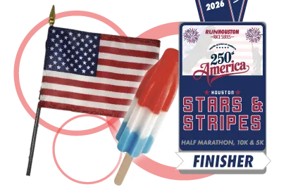 Houston Stars & Stripes Half Marathon finisher medal with an American flag and a popsicle.