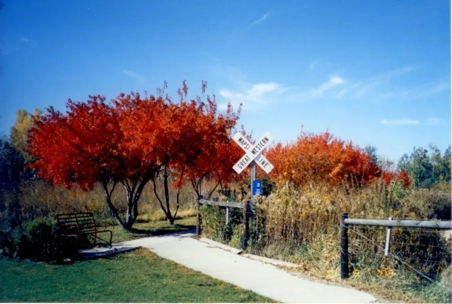 A paved path winds through autumn foliage with bright red trees and a railroad crossing sign.