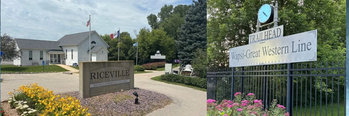 Signage for Riceville and the Wapsi-Great Western Line Trailhead.