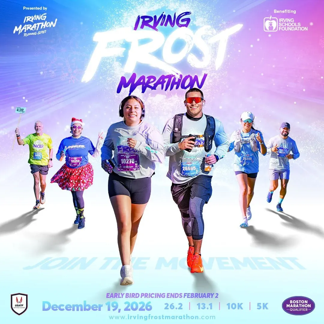 Runners participating in the Irving Frost Marathon, with the race title and date prominently displayed.