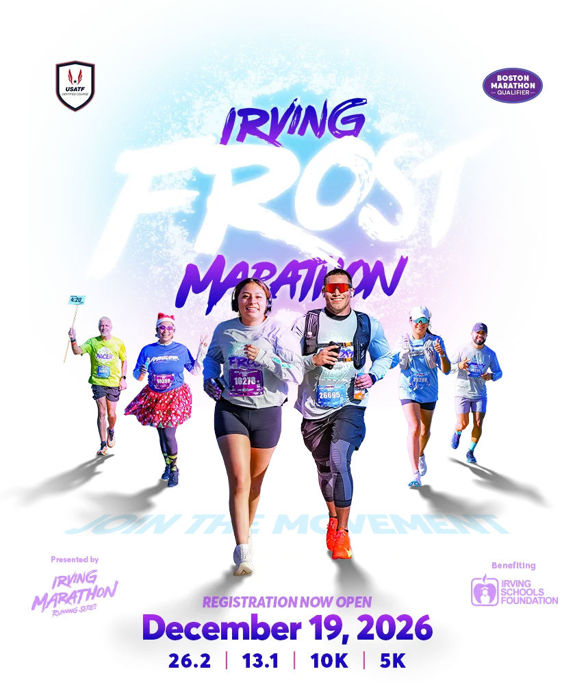 Runners celebrating at the start of the Irving Frost Marathon, with event title and date prominently displayed.