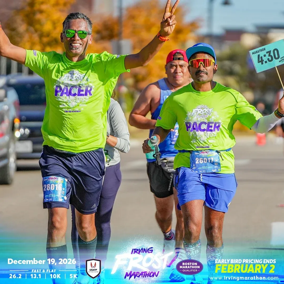 Two runners wearing bright green 'Pacer' shirts and sunglasses run towards the camera, one giving a peace sign and the other holding a marathon time sign. Text overlays provide race details and pricing information.