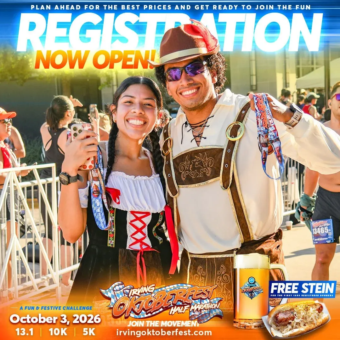 A smiling couple in Oktoberfest-themed costumes, holding race medals, with "REGISTRATION NOW OPEN!" text overlay.
