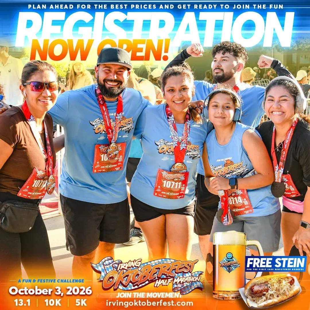 A group of five smiling people, some wearing race medals and t-shirts, pose for a photo with a large text overlay that says "REGISTRATION NOW OPEN!"