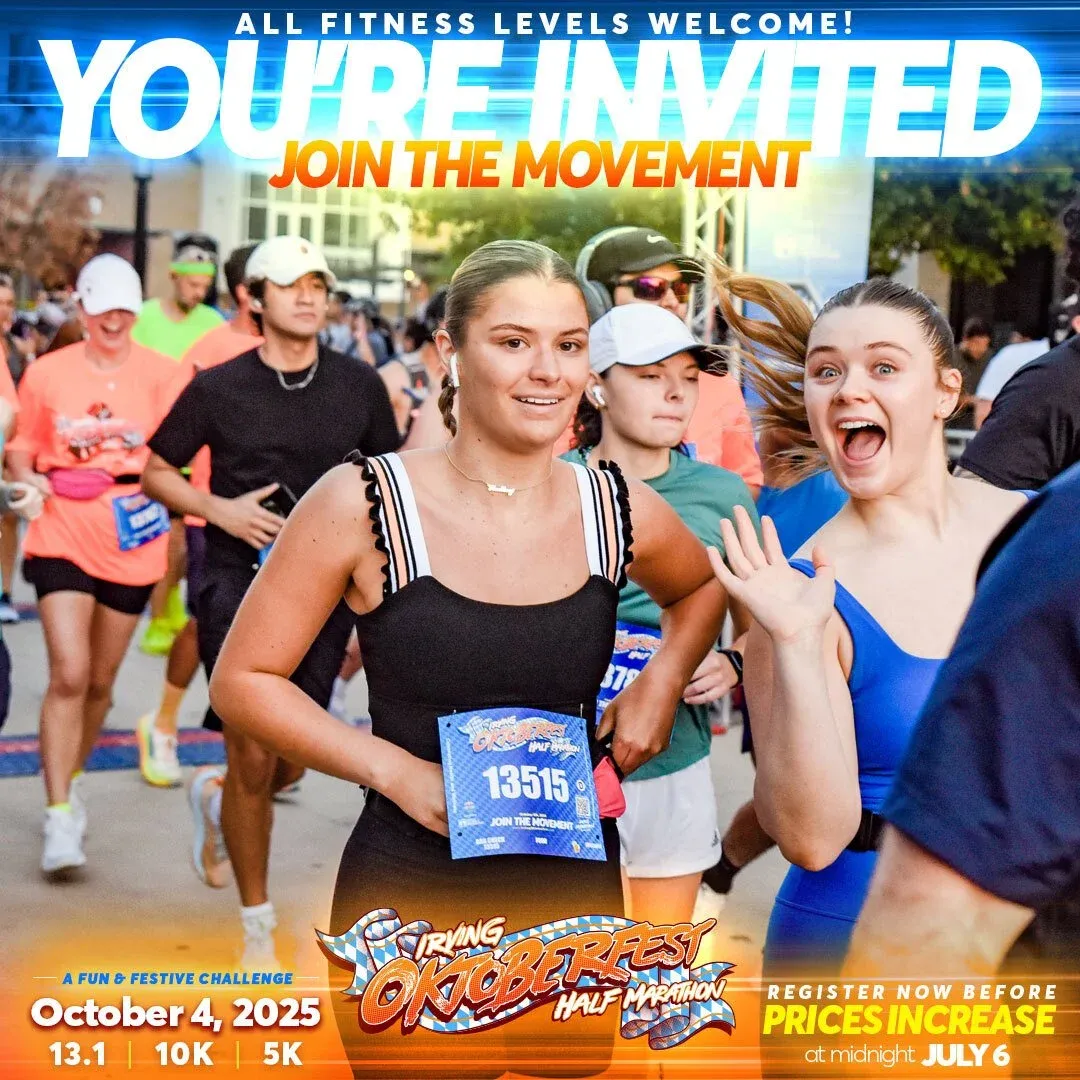 Two excited young women running in a race, with other runners in the background and race details at the bottom.