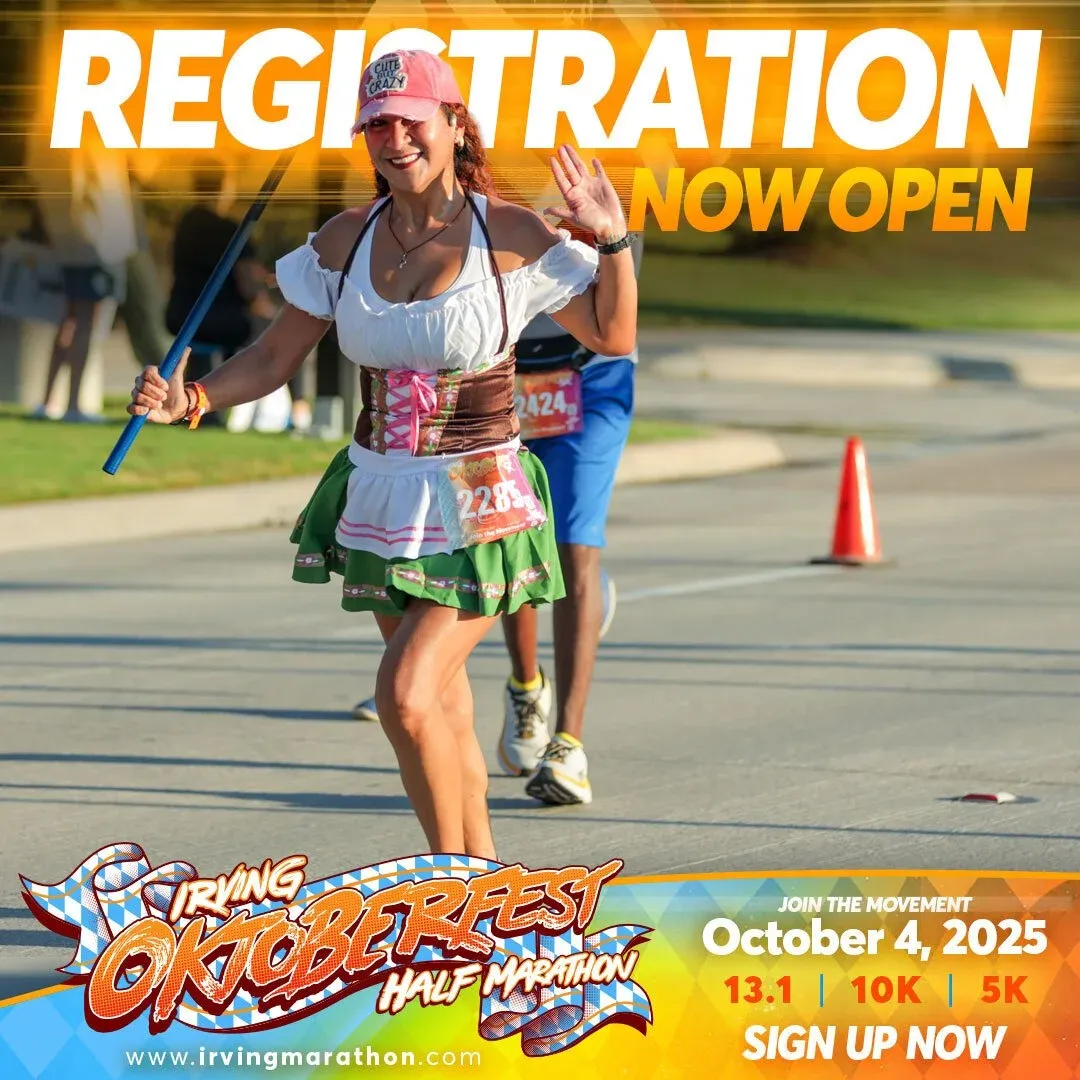 A woman in an Oktoberfest costume runs a race, waving to the camera. Text overlays announce 'REGISTRATION NOW OPEN' and race details.