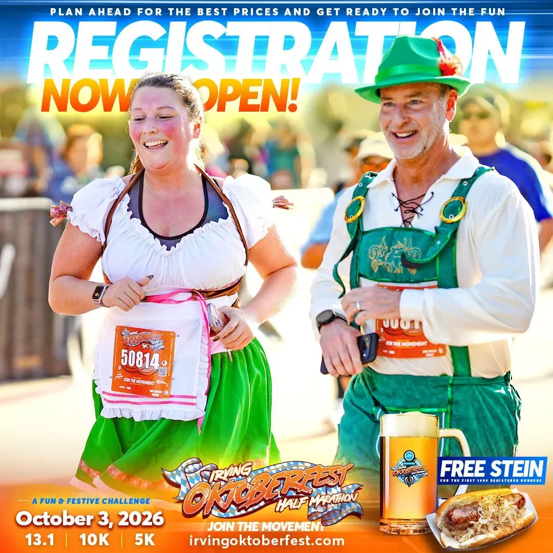 A man and a woman in traditional German attire running a race, with text overlay announcing 'Registration Now Open!' and race details.