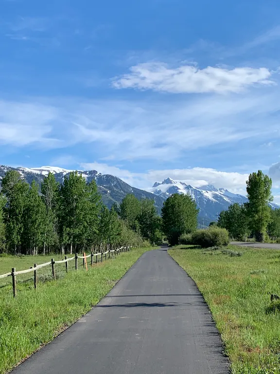 A paved bike path leading towards snow-capped mountains, with trees and a wooden fence along the side.