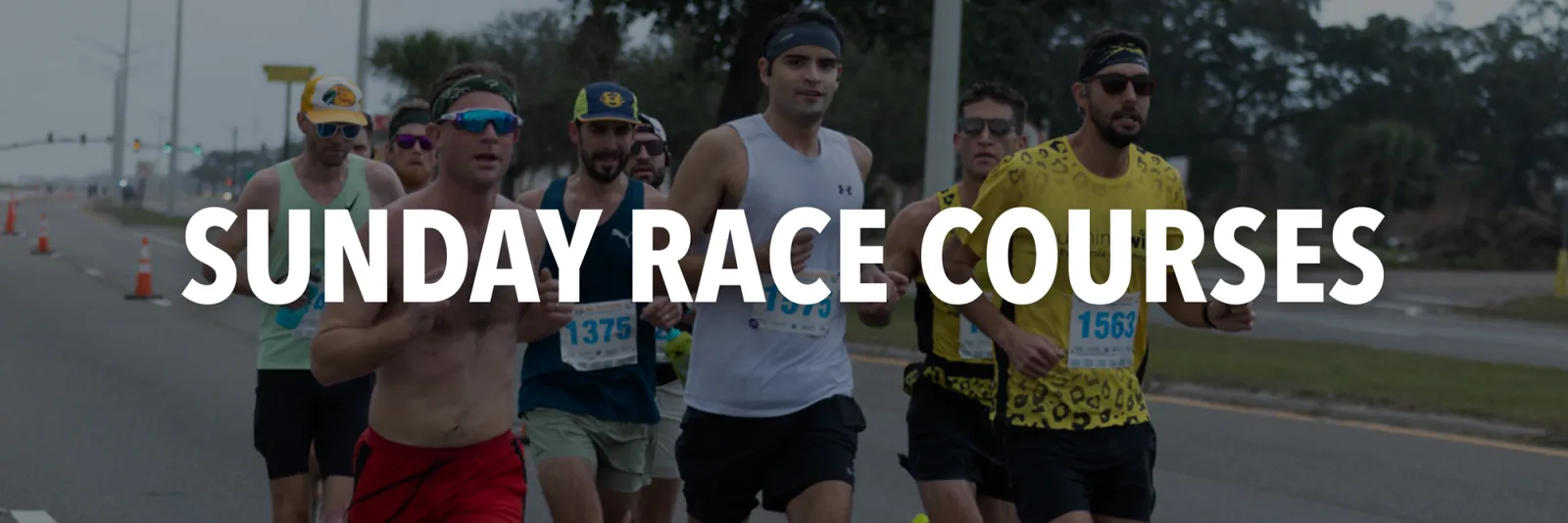 Runners on a road course with the text "SUNDAY RACE COURSES" overlaid.
