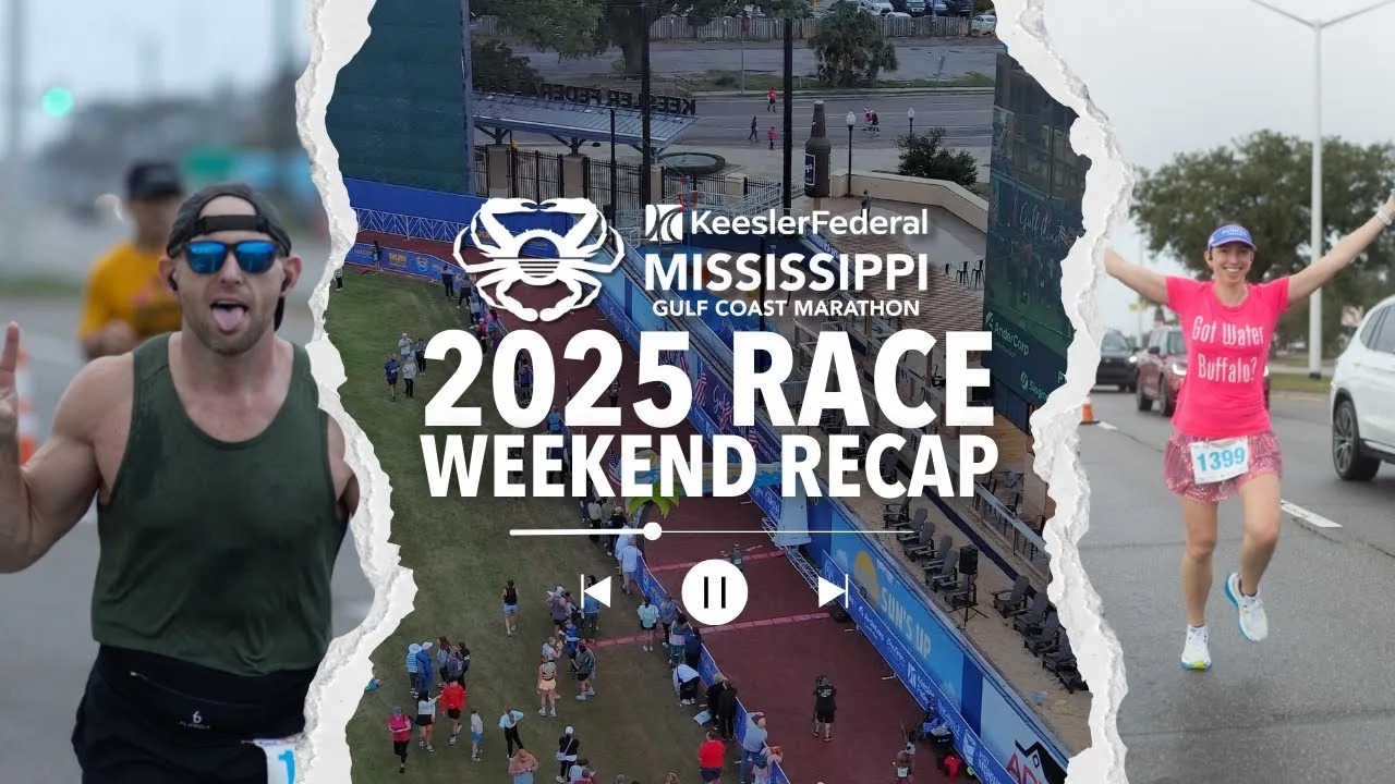 Collage of runners at the Mississippi Gulf Coast Marathon, featuring a man running with his tongue out, a crowd at the finish line, and a woman celebrating her finish.