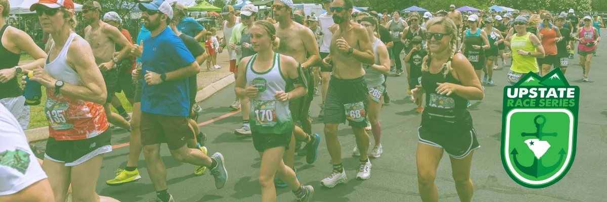 A group of runners starting a race, with several participants in focus and a race series logo in the corner.