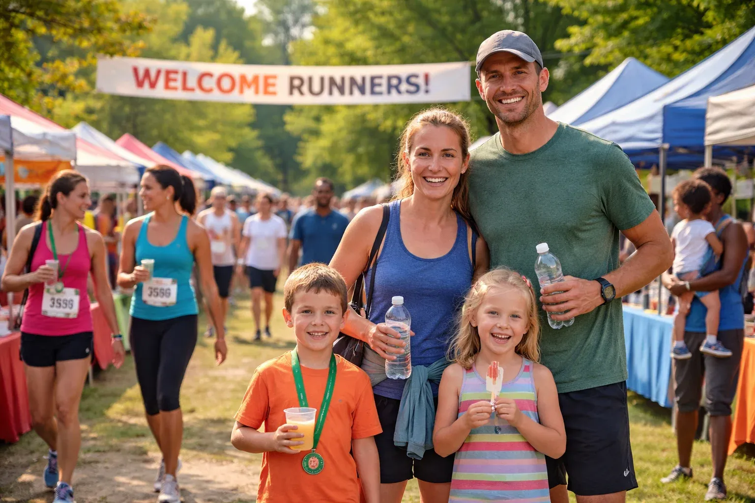 A smiling family, including two children, poses in front of a 'WELCOME RUNNERS!' banner at a race event, with other runners and tents in the background.