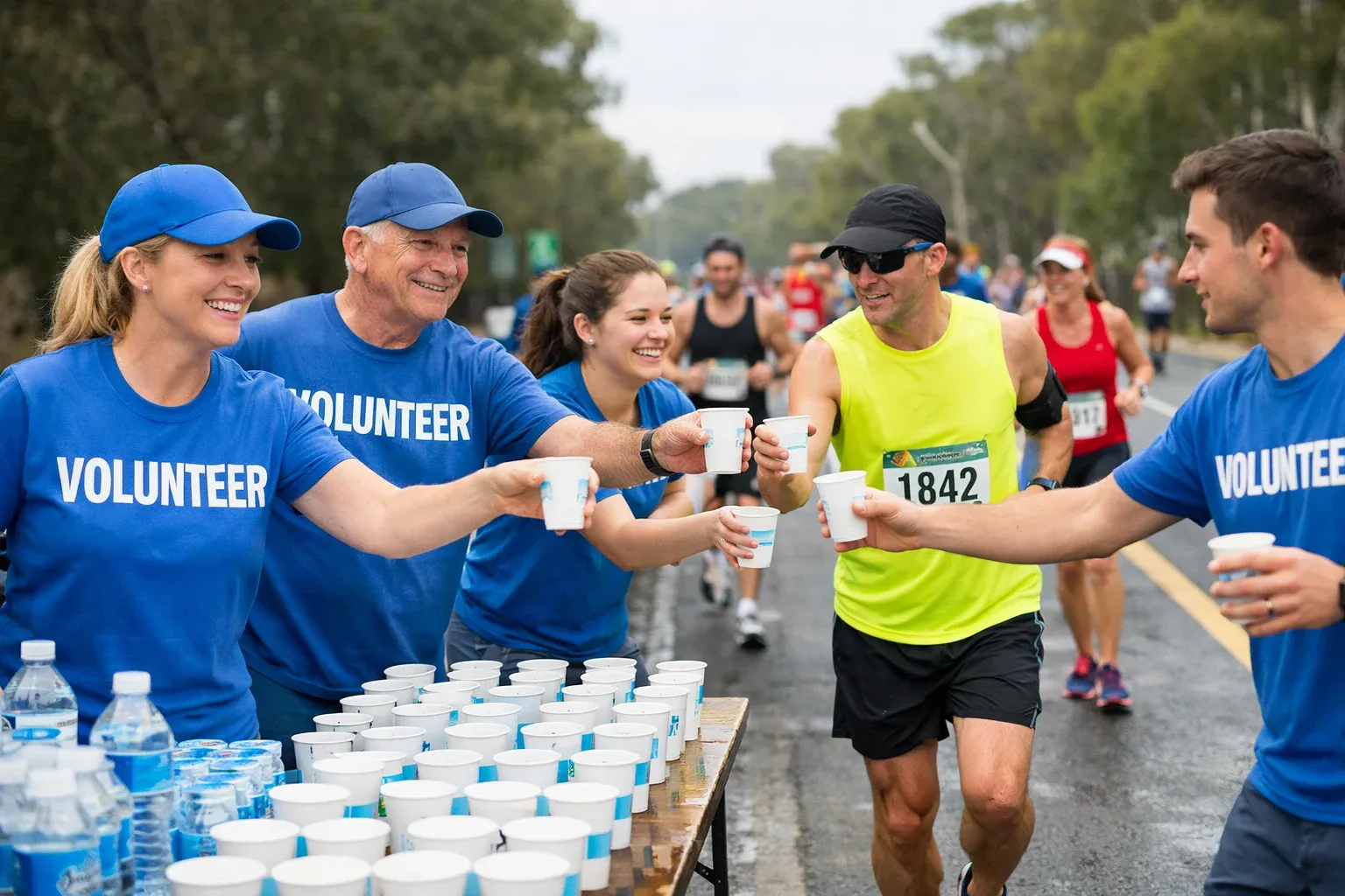 Volunteers in blue shirts and hats smile as they hand cups of water to runners on a race course.