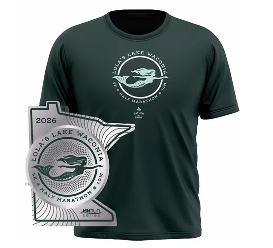 Dark green race t-shirt and a Minnesota-shaped medal for Lola's Lake Waconia Half Marathon.