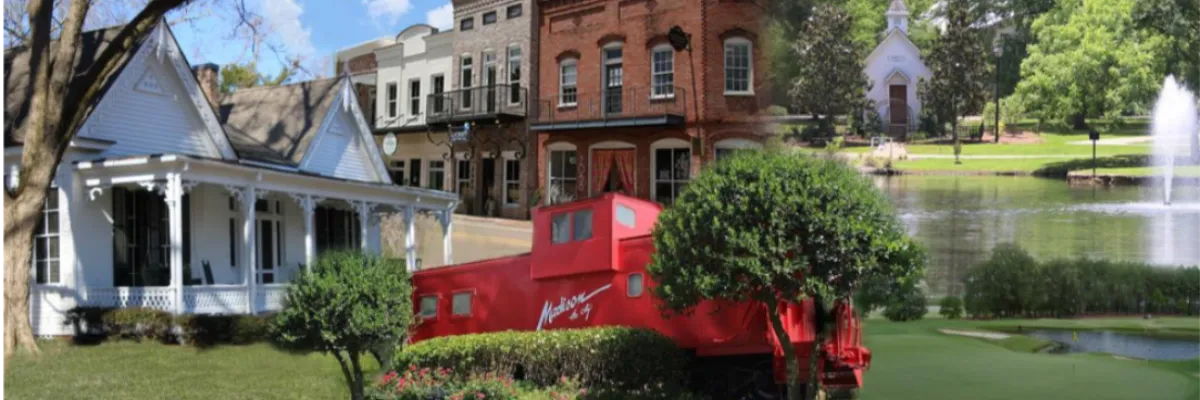Collage of Madison, Georgia featuring historic buildings, a red caboose, and a lake with a fountain.