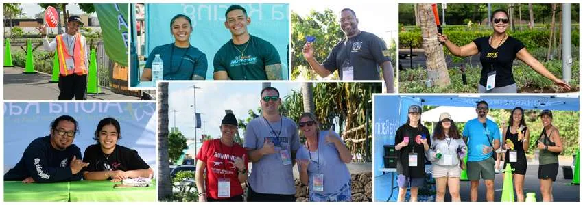 Collage of photos showing people at the Makoa 5K, 10K, and Half Marathon, including volunteers and participants.