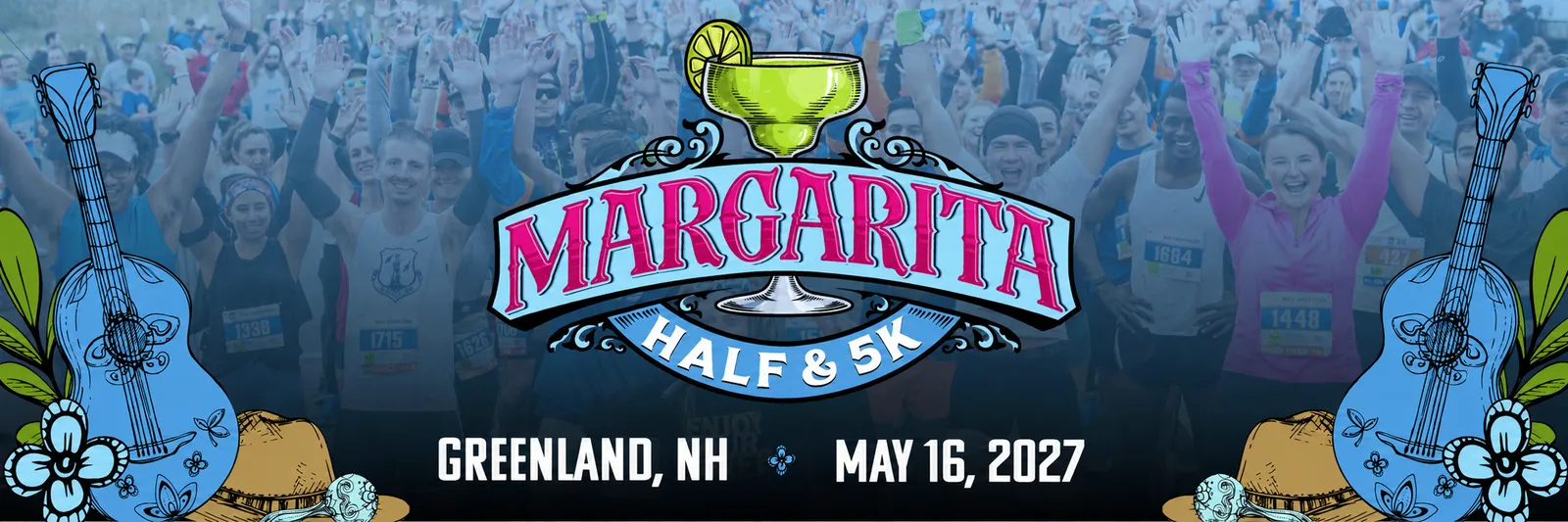 A large crowd of runners with their hands raised in excitement, with the Margarita Half & 5K logo prominently displayed.