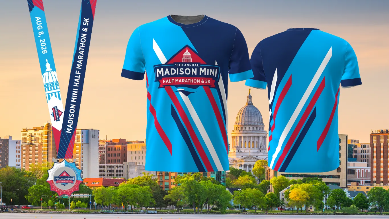 Madison Mini Half Marathon & 5K medal and race shirt displayed against a backdrop of the Madison skyline.