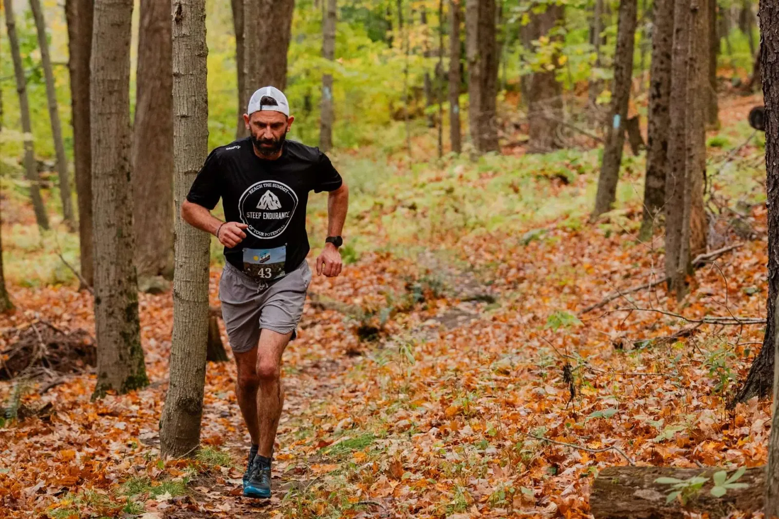 A male runner with a beard and a white cap runs on a forest trail covered in autumn leaves.