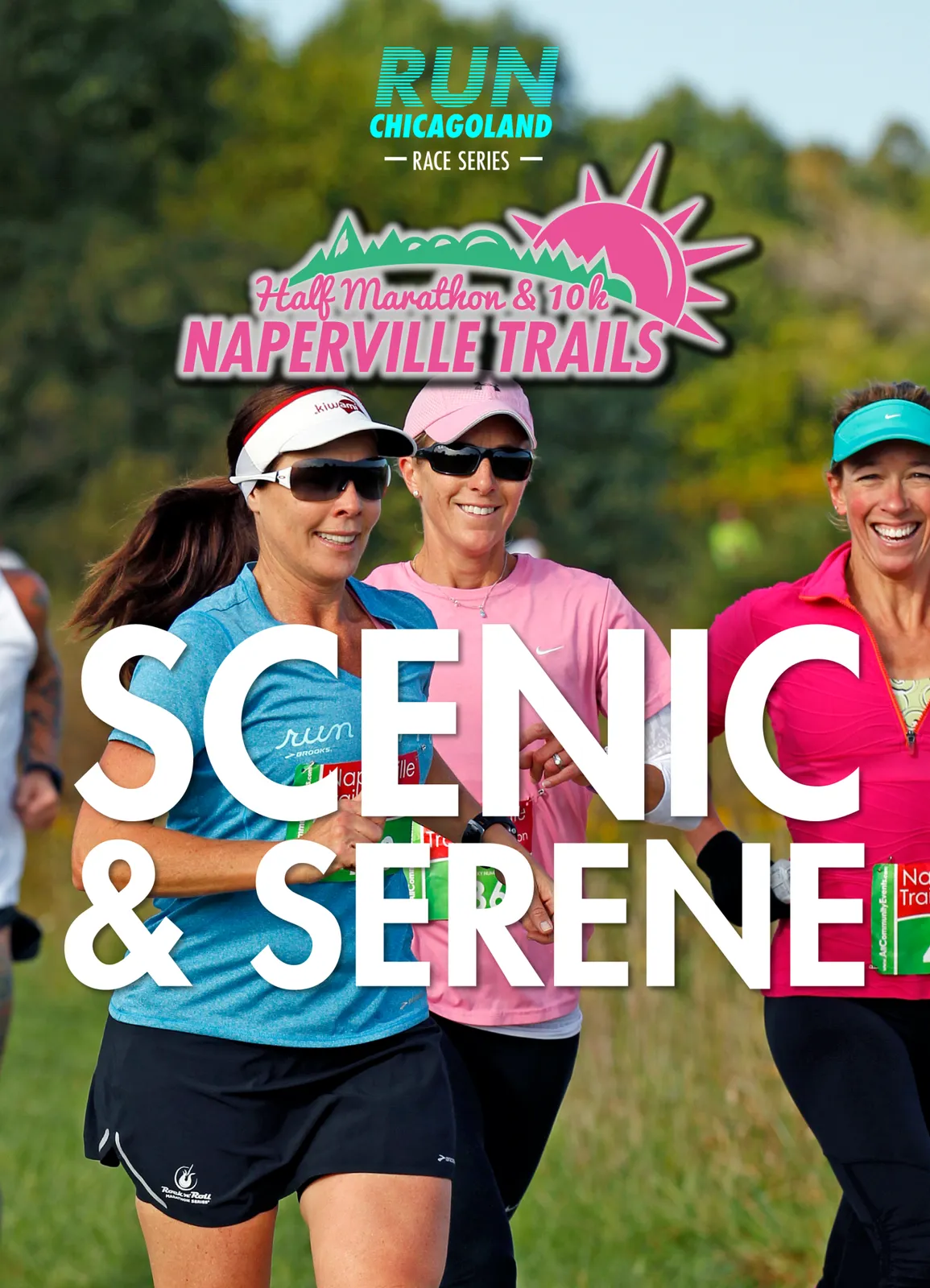 Three female runners smiling and running on a trail, with large white text overlay reading 'SCENIC & SERENE' and race branding at the top.