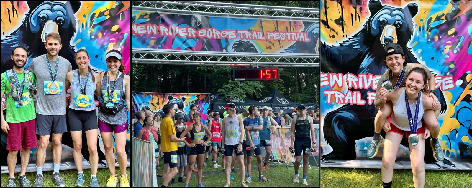 Runners celebrating at the New River Gorge Trail Festival, with some displaying medals and others gathered at the start/finish line.
