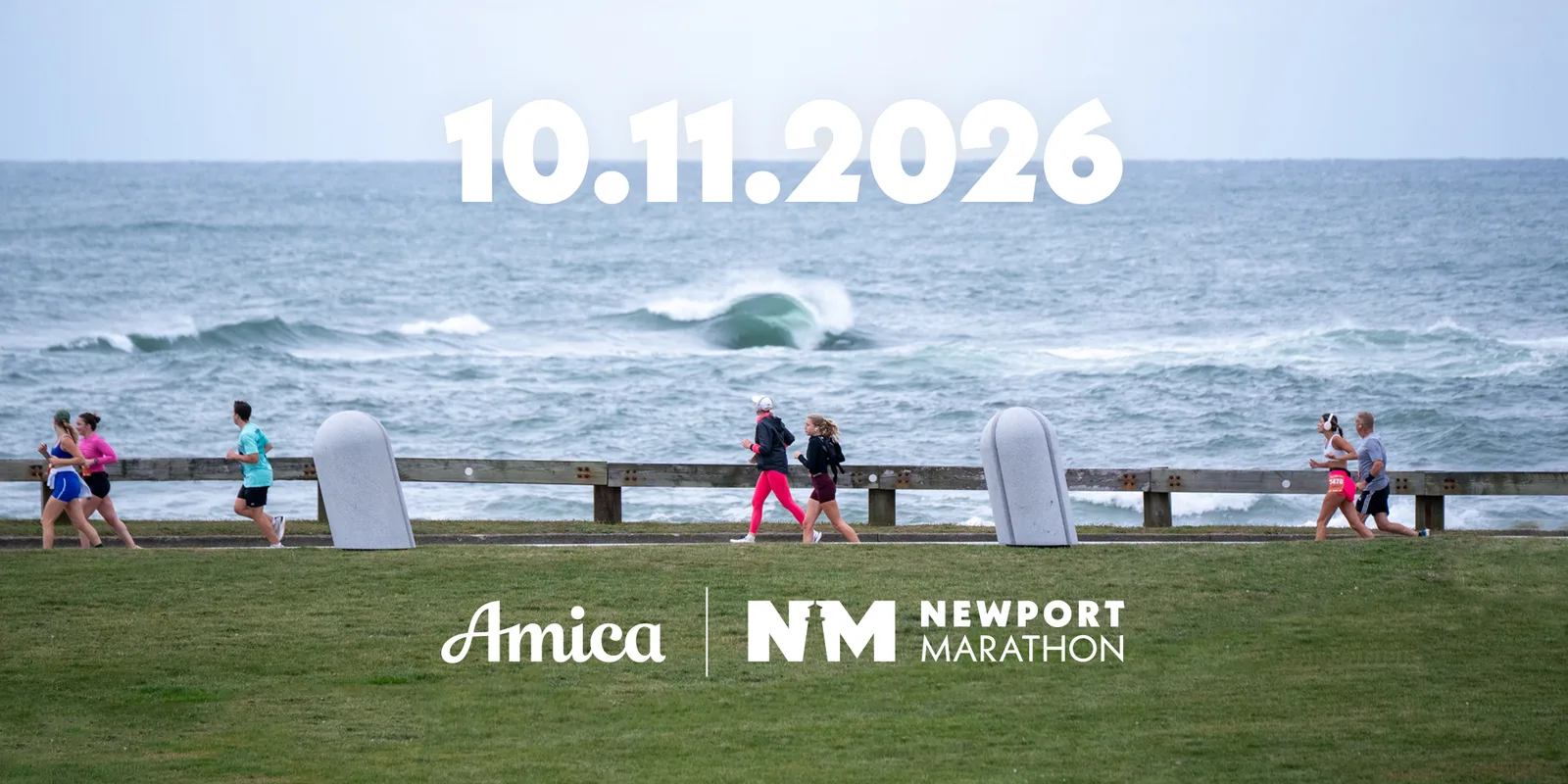 Runners on a path by the ocean with the date 10.11.2026 and Newport Marathon branding.