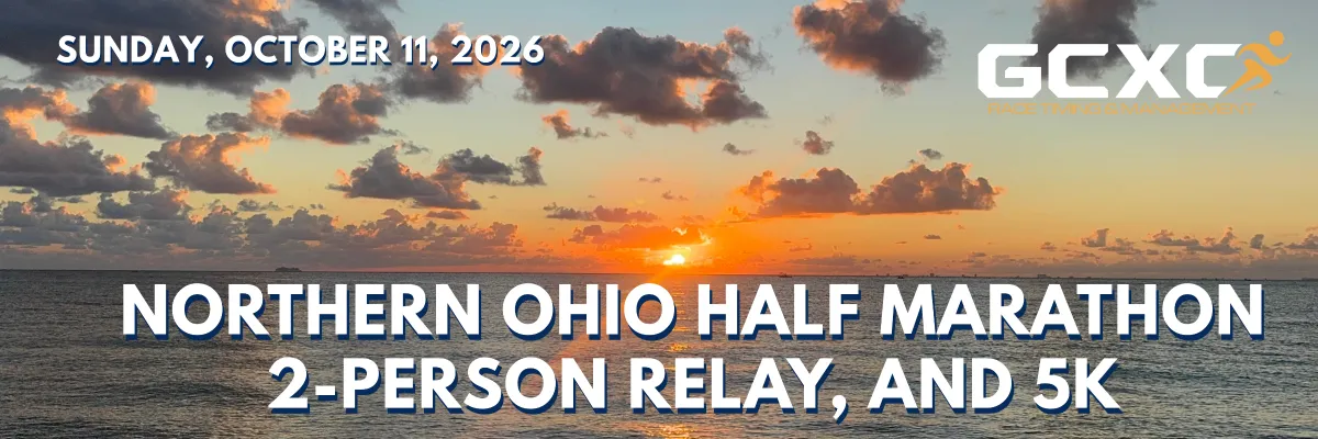 Sunset over the water with the text 'Northern Ohio Half Marathon 2-Person Relay, and 5K' and 'Sunday, October 11, 2026' overlaid.