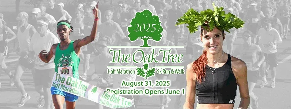 A runner crosses the finish line with a celebratory gesture, while another runner smiles at the camera, both with a blurred crowd in the background and race branding.