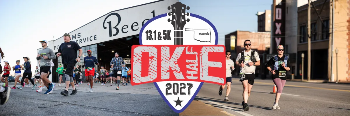 Runners participating in the OKee Half Marathon and 5K, with the race logo and year prominently displayed.