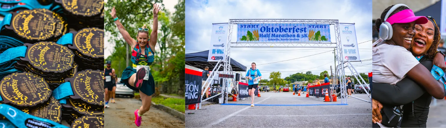 Runners celebrating and crossing the finish line at the Oktoberfest Half Marathon & 5K.