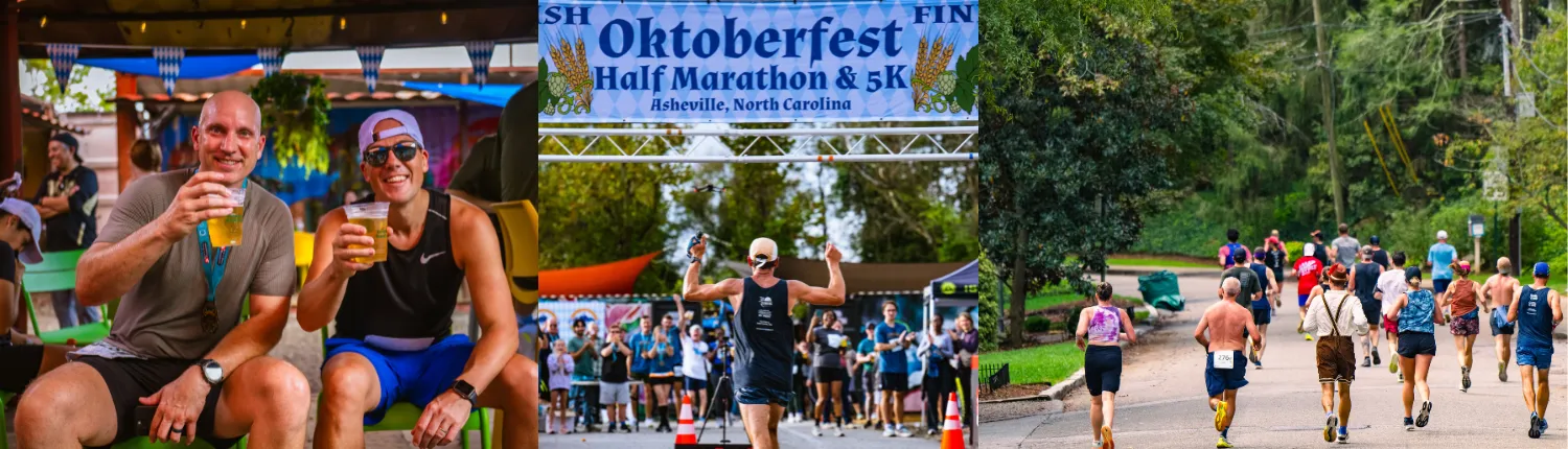 Runners celebrate crossing the finish line at the Oktoberfest Half Marathon & 5K in Asheville, North Carolina, with spectators and participants enjoying the event.