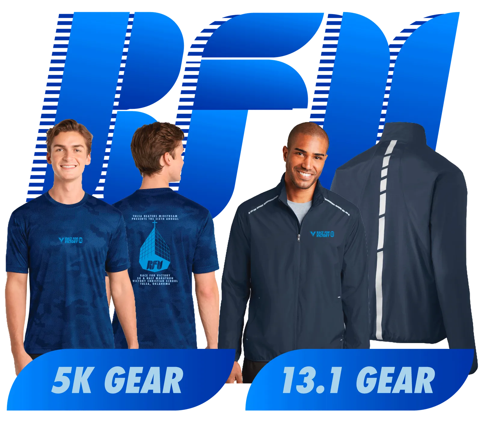 Three men modeling race apparel, with text overlays indicating '5K GEAR' and '13.1 GEAR'.