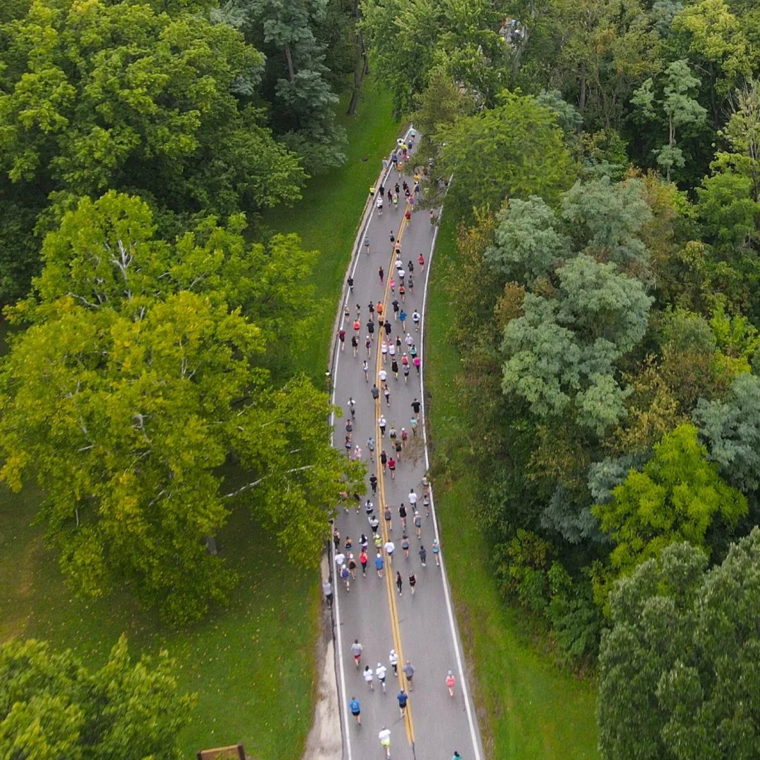 Aerial view of a half marathon with many runners on a paved road winding through a lush green forest.