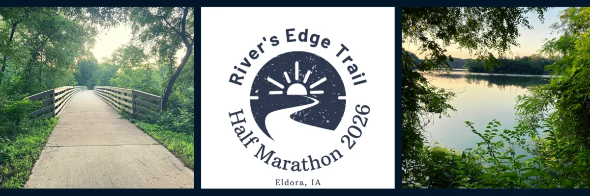 A triptych image showing a scenic trail bridge, the River's Edge Trail Half Marathon logo, and a tranquil waterfront view.