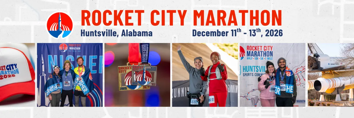 Rocket City Marathon banner featuring photos of runners, medals, and race branding.