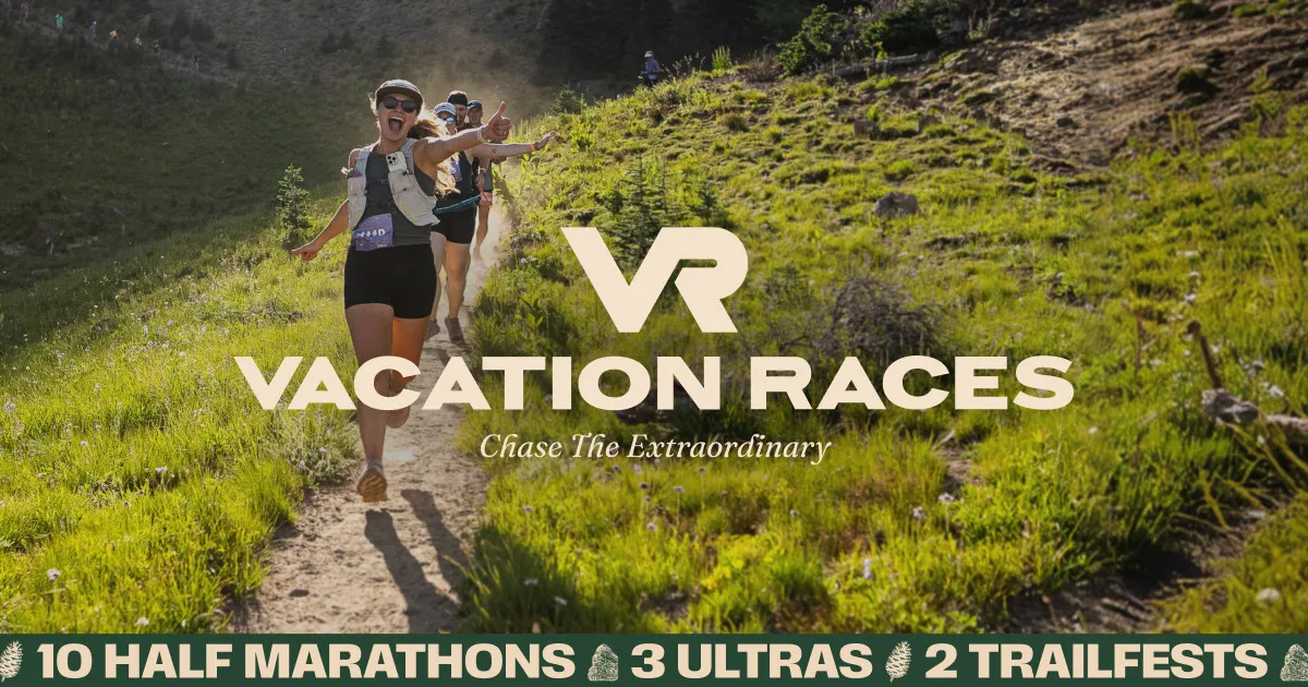 A group of runners smiling and giving thumbs up while running on a scenic mountain trail, with the Vacation Races logo and event details overlaid.