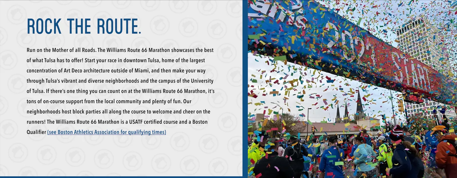 Runners starting a race under a banner with confetti falling.