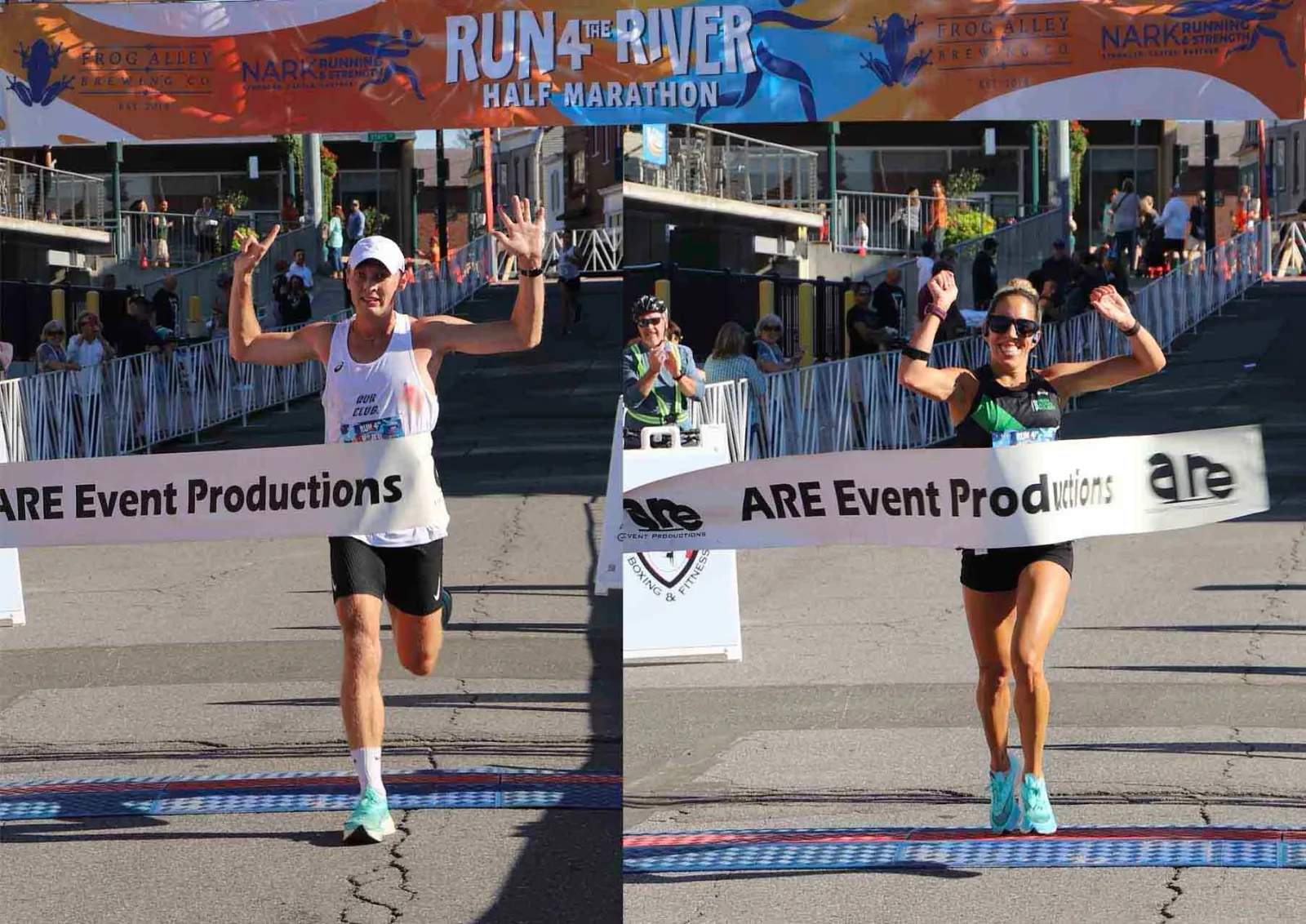 Two runners, a man and a woman, crossing the finish line of the Run 4 the River Half Marathon with their arms raised in celebration.