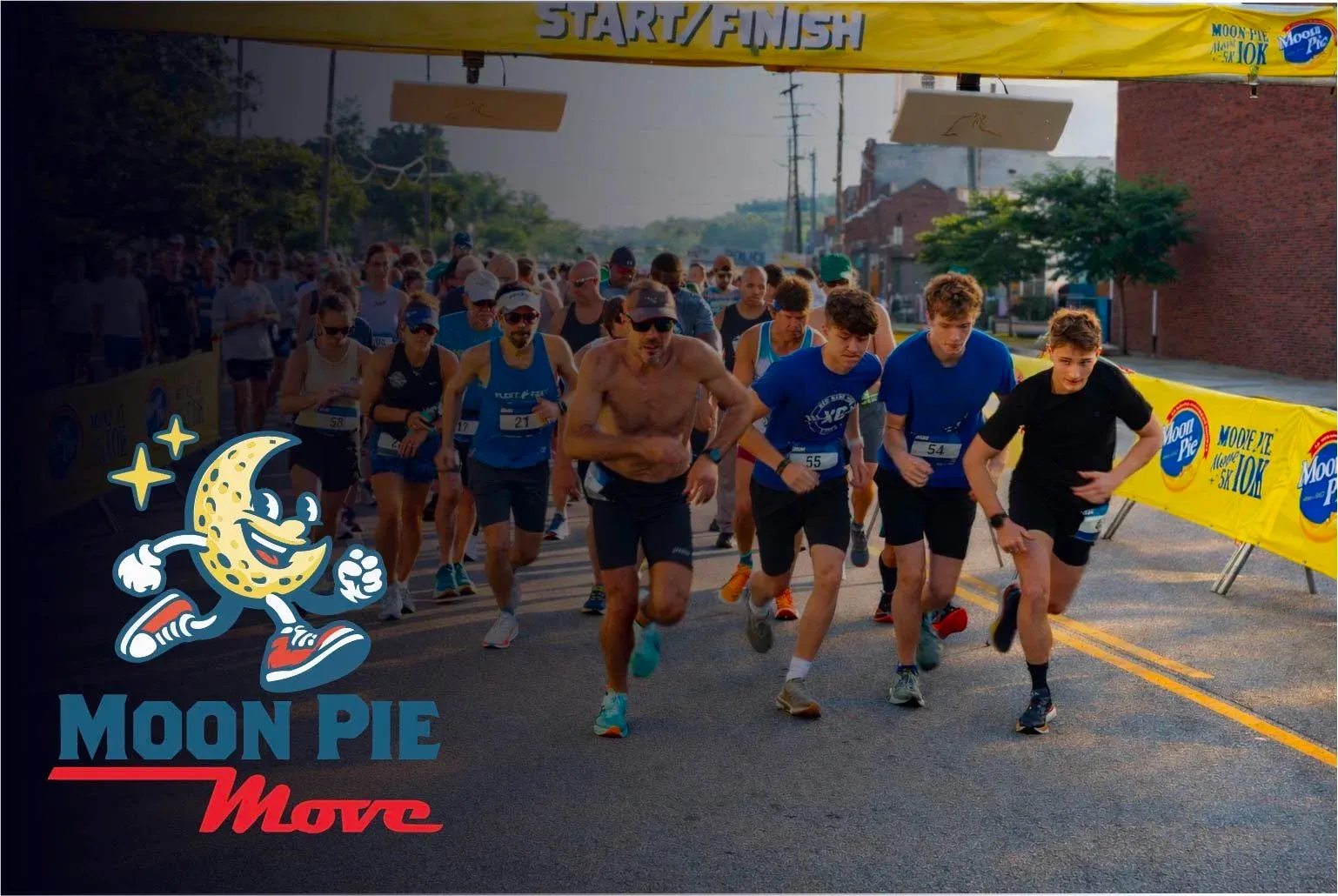 Runners starting a race under a 'START/FINISH' banner, with a mascot character and race branding on the left.