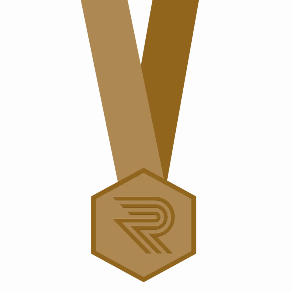 A graphic illustration of a hexagonal race medal with a stylized 'R' logo on a brown background.