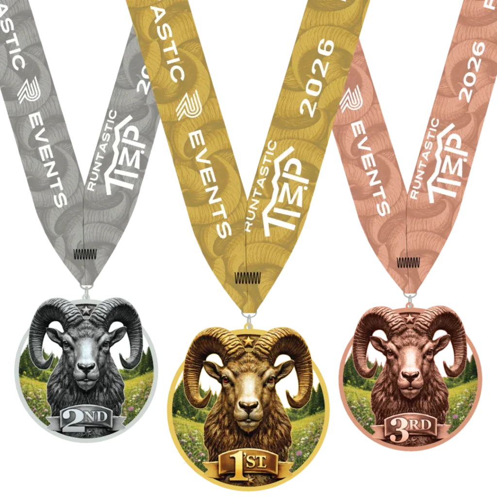 Three race medals for 1st, 2nd, and 3rd place, featuring ram designs and race branding.