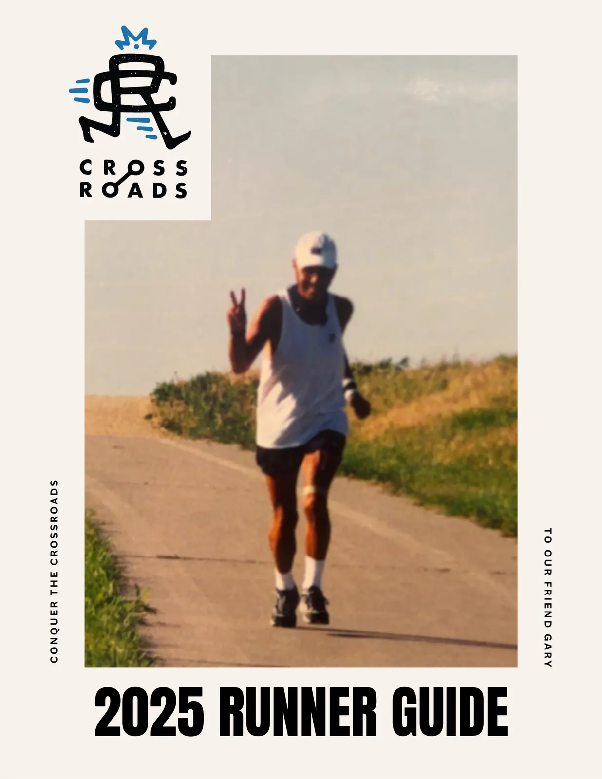 A runner in a white tank top and white cap runs on a paved path, holding up two fingers in a peace sign. The text "2025 RUNNER GUIDE" is prominently displayed at the bottom.